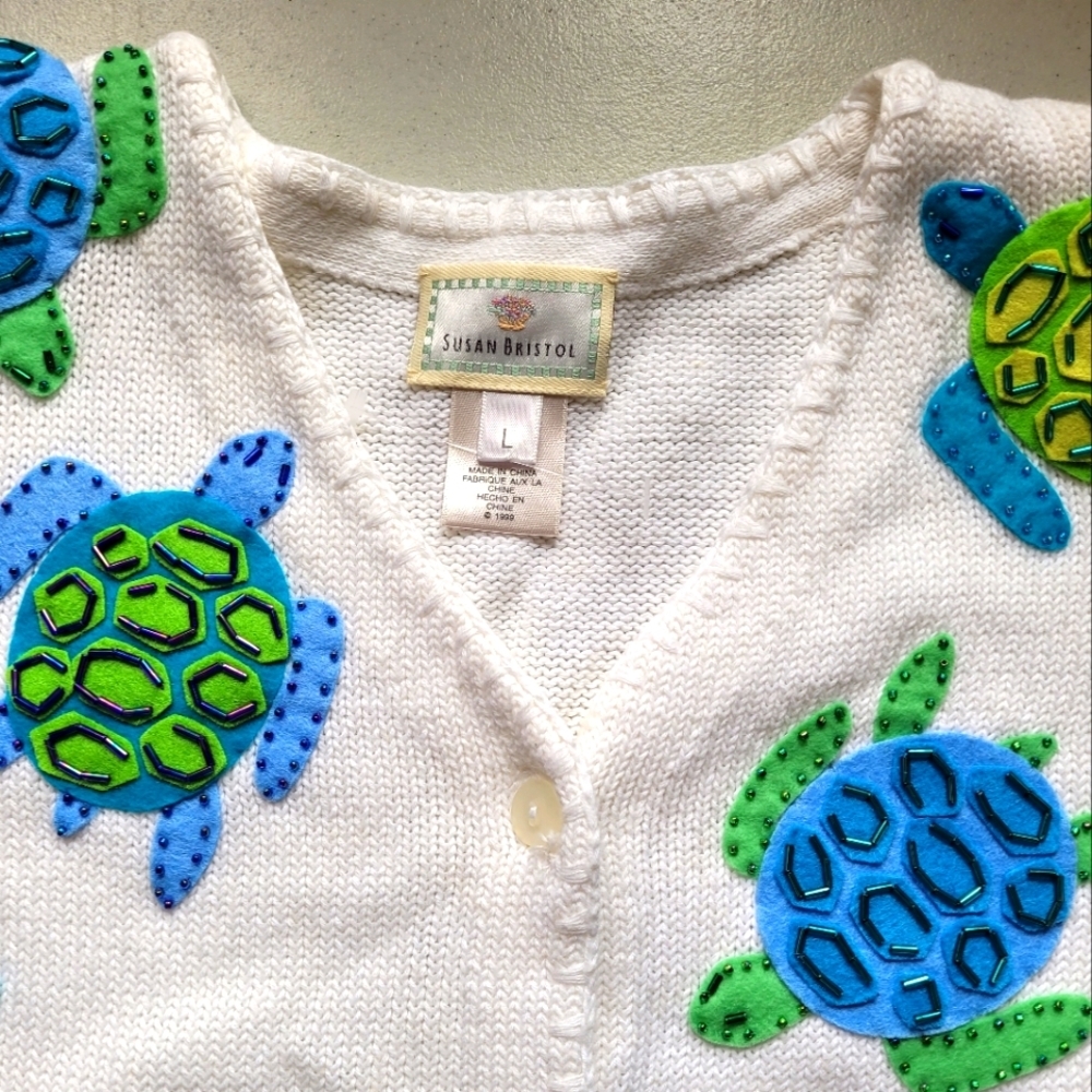 100% Cotton Susan Bristol Felt Beaded Sea Turtles White 1999 Y2K Sweater Top - Picture 4 of 6